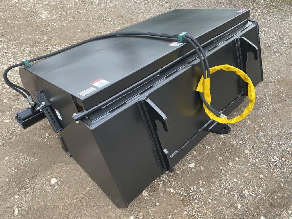 High-capacity black hydraulic tool storage container and cable management system.