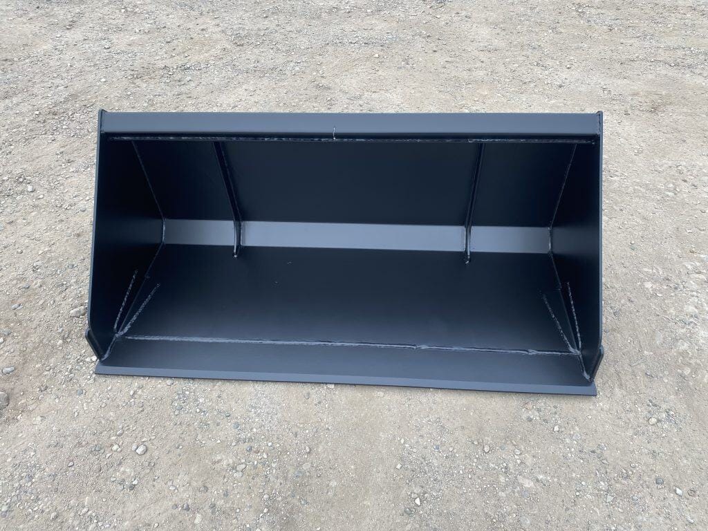 High-capacity black skid steer bucket designed for durability and efficient loading.